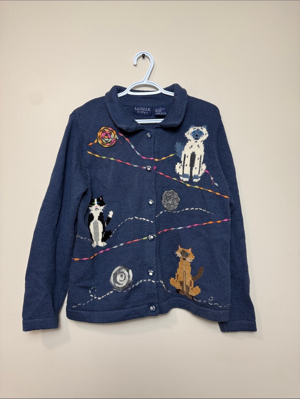 Vintage Rainbow Bridge Laundry Navy Knit Cute Cardigan with Cat Motif size M